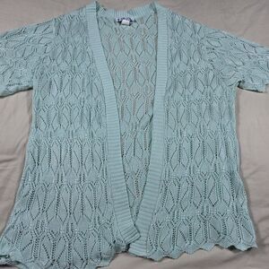 Vintage Open Front Knit Cardigan Sweater Short Sleeve Light Aqua Mint Plus Sz 1X
